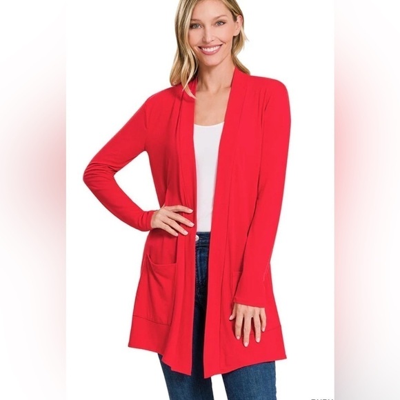 Zenana Premium Cardigan Red Large Slouch Pocket Jersey Knit Comfort Stretch - Picture 1 of 8
